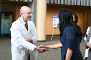 Meeting in the Biomedical Research Center Atrium